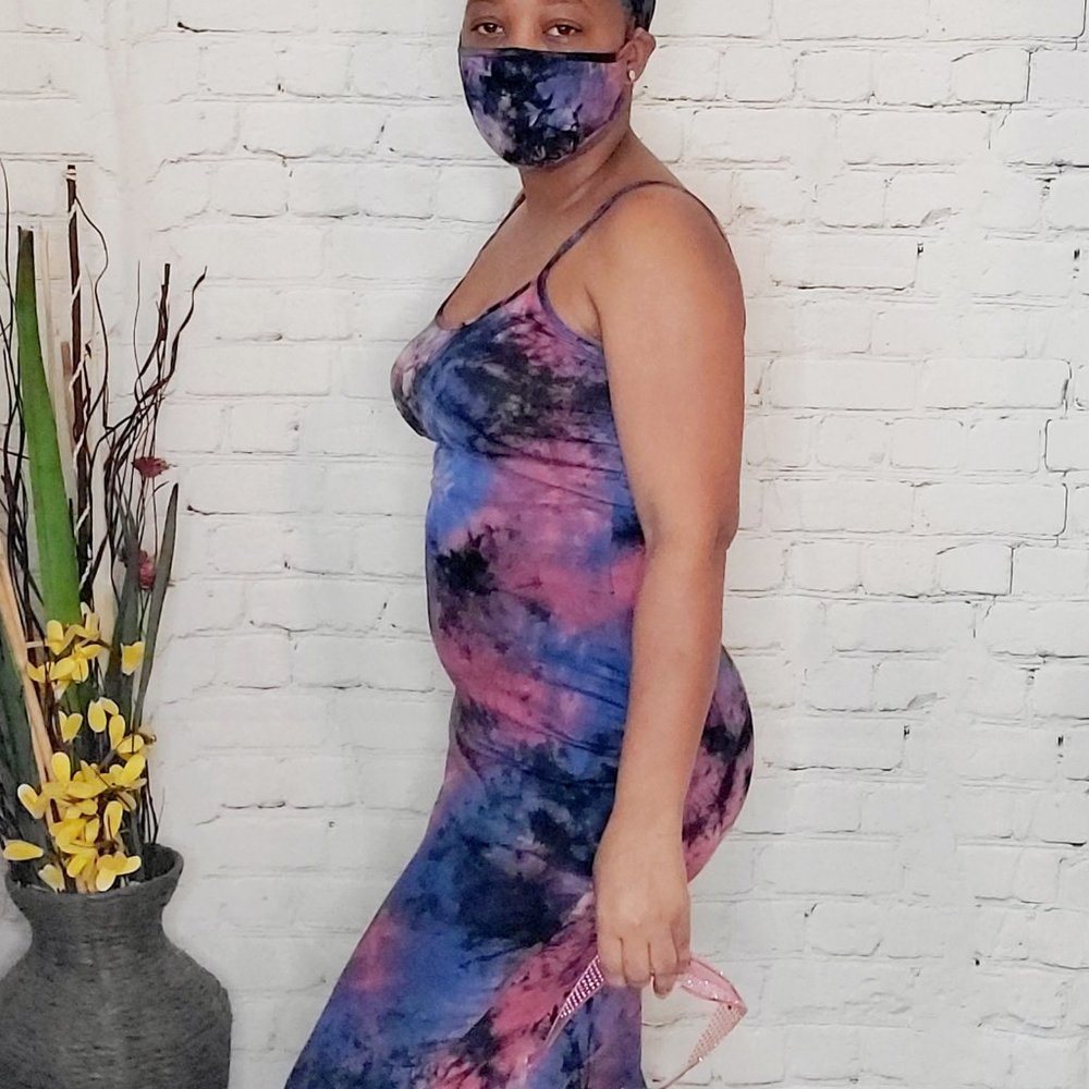 NWT Tye Dye  Purple Blue Maxi dress Head Scarf Mask Set